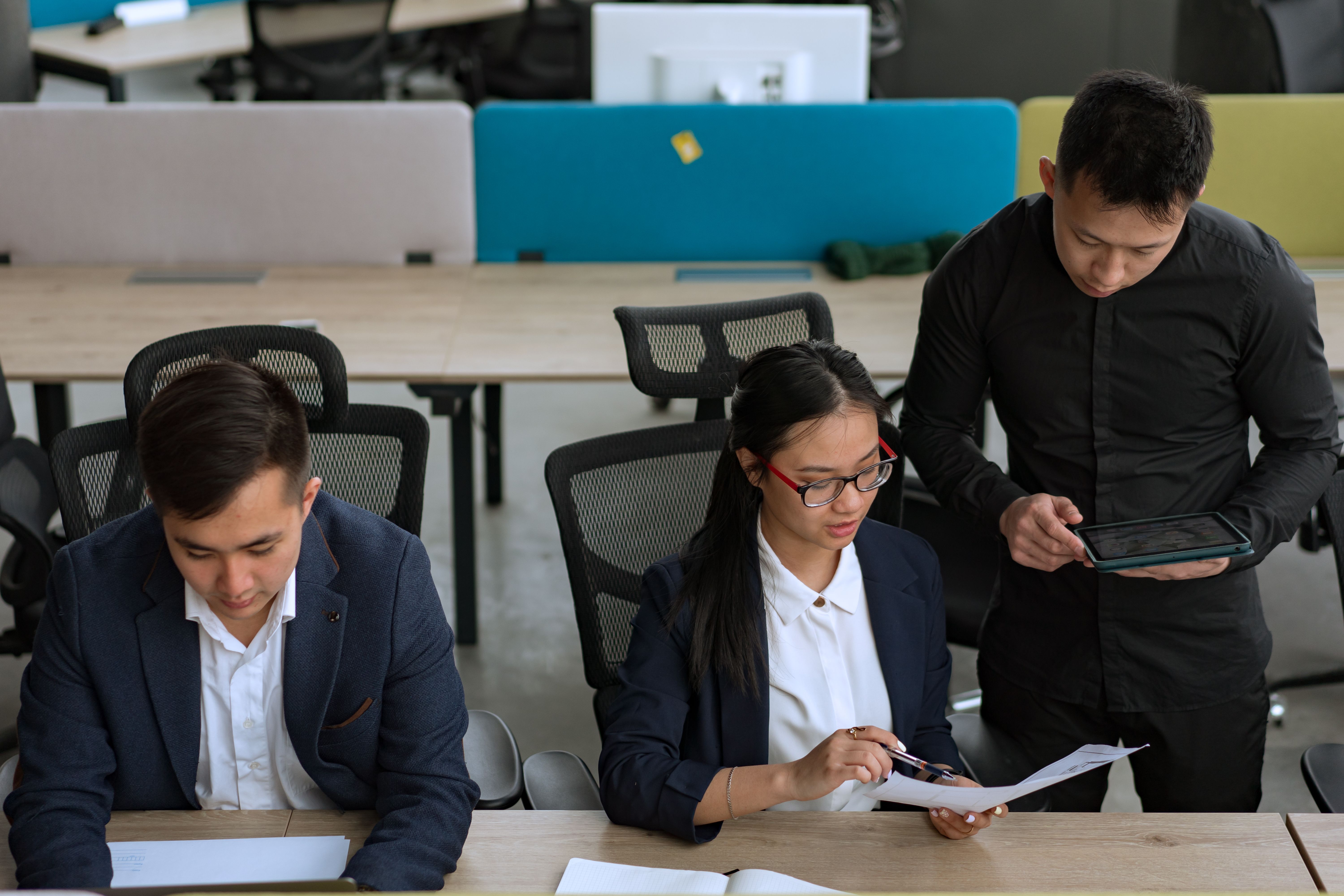 A professional team collaborating in a modern office